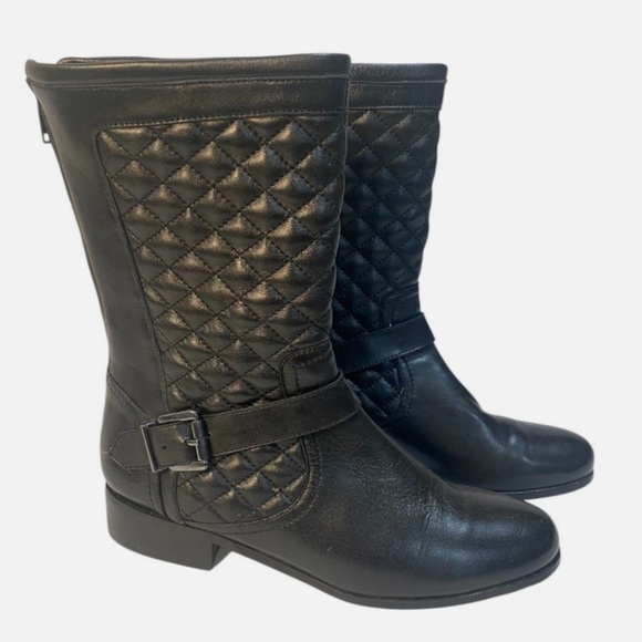 Black Leather Quilted Boots Mid Calf Minimalist Moto Style Back Zip 7.5 EUC - Picture 2 of 11